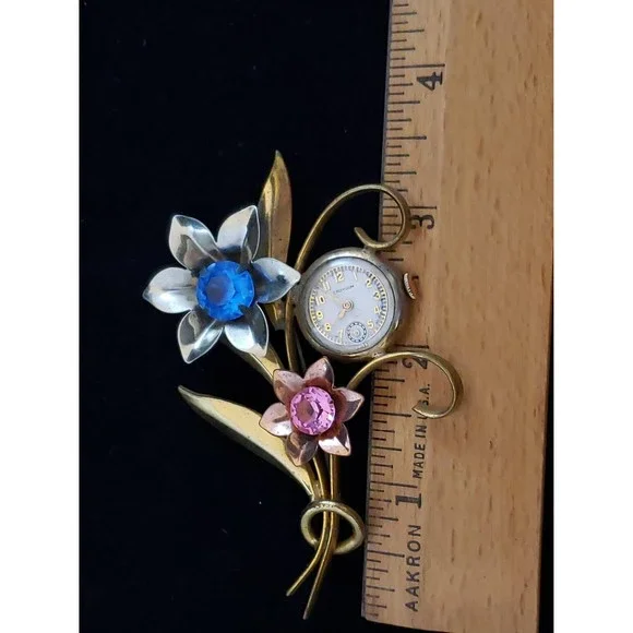 Vintage Croydon Watch Flower Bouquet Brooch Pin, Metal Floral Arrangement